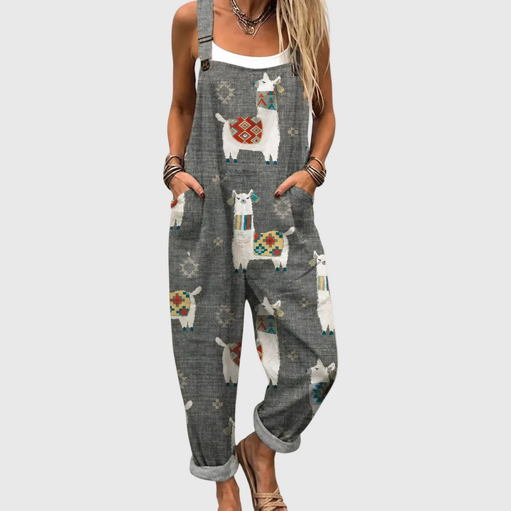 Abigail – Soft Gray Overall with Llama Pattern
