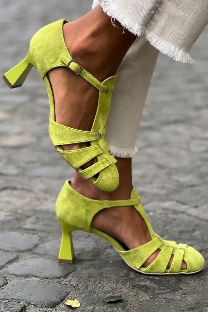 Kiara – Green Crochet Cut-Out Closed-Toe Heeled Sandals – Byron Grace