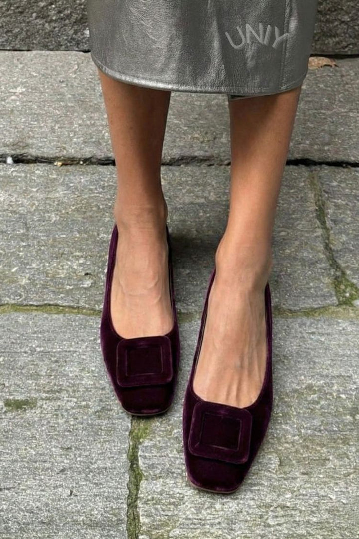 Alexandra – Velvet Square-Toe Ballet Flats with Buckle – Byron Grace