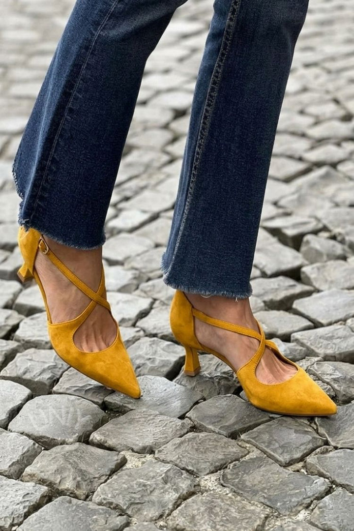 Katarina – Khaki Plain Pointed Low Heels with Buckle and Criss-Cross Straps – Byron Grace