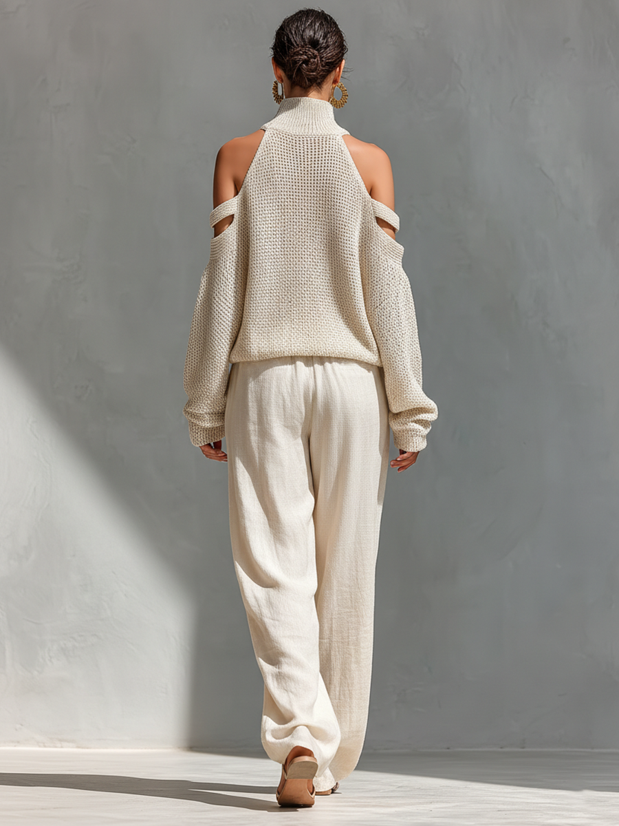 MARIA - Knit Fabric Cold-Shoulder Turtleneck Top & Wide-Leg Pants Set
