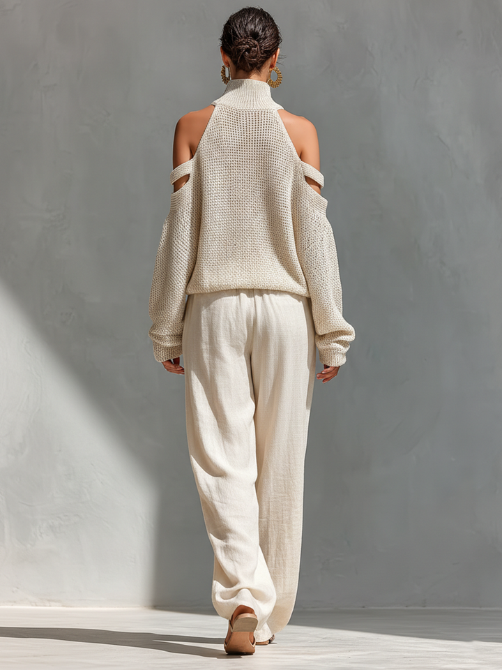 MARIA - Knit Fabric Cold-Shoulder Turtleneck Top & Wide-Leg Pants Set