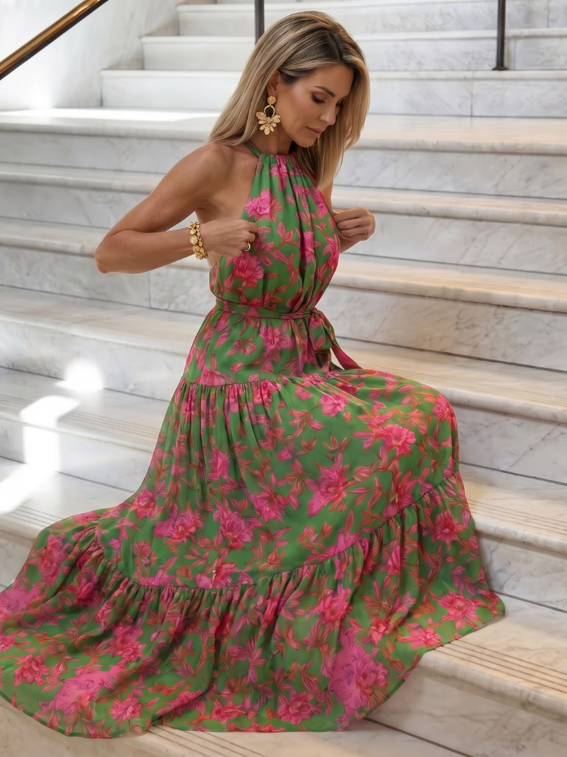 Ava - Pink Draped Midi Dress with Halter Neckline