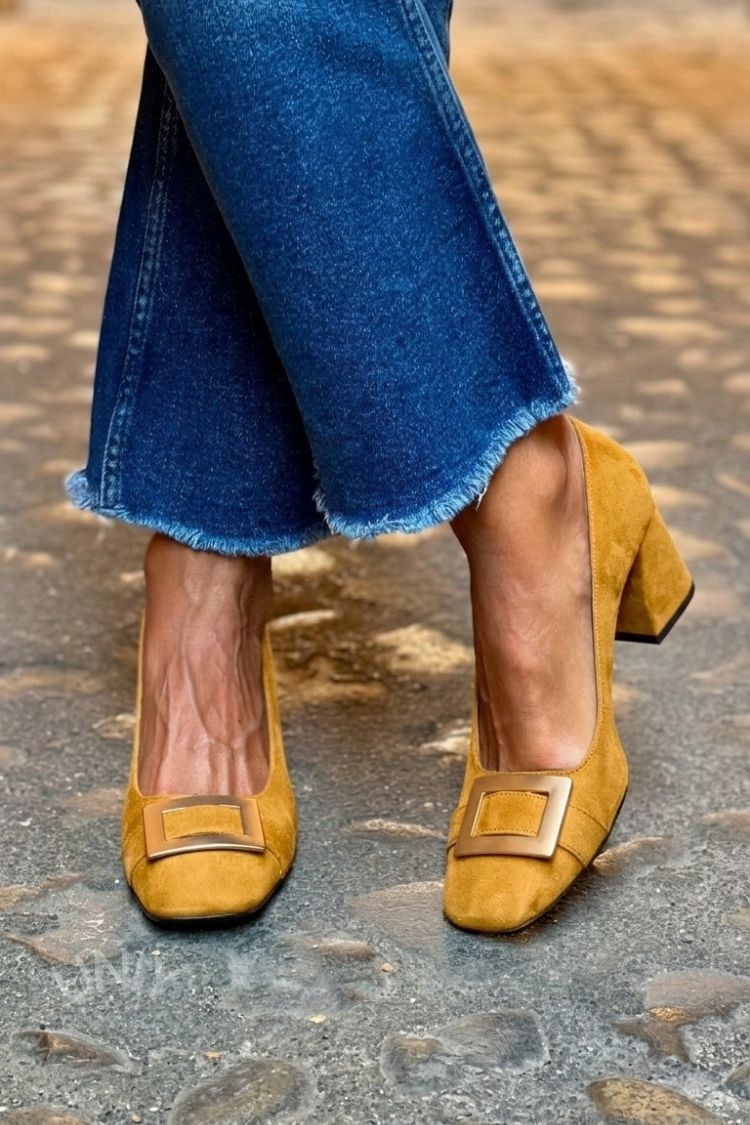 Thea – Navy Blue Patchwork Square-Toe Chunky Heels – Byron Grace