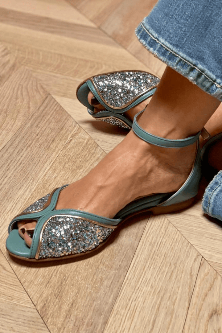 Marina – Glitter Patchwork Peep-Toe Sandals with Ankle Strap and Buckle – Byron Grace