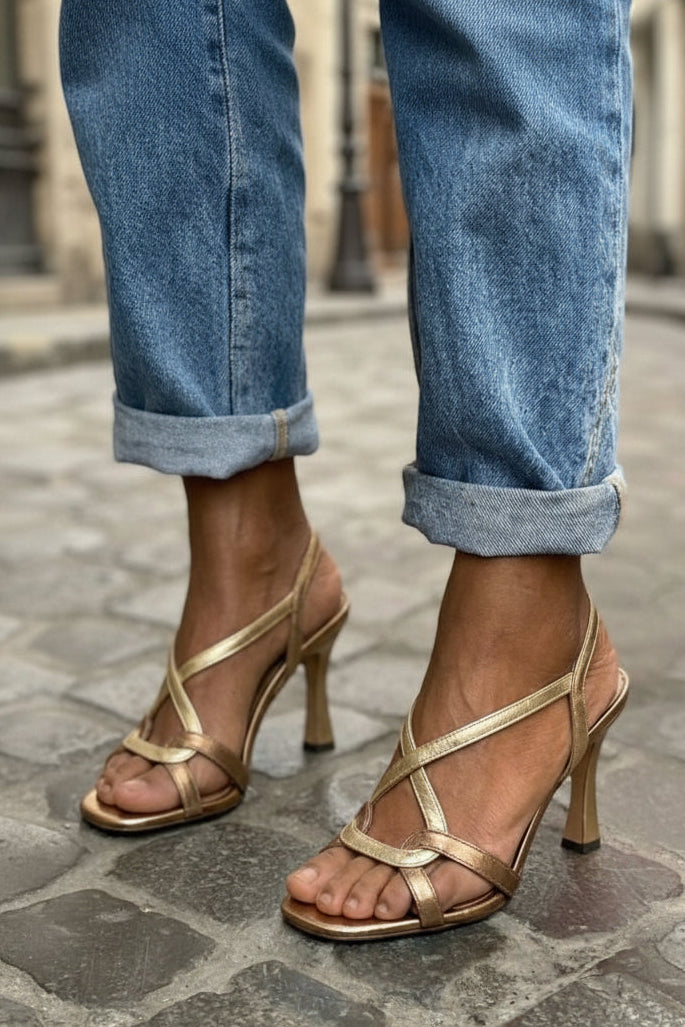 Jasmine – Gold Metallic Sandals with Criss-Cross Straps and Stiletto Heel – Byron Grace