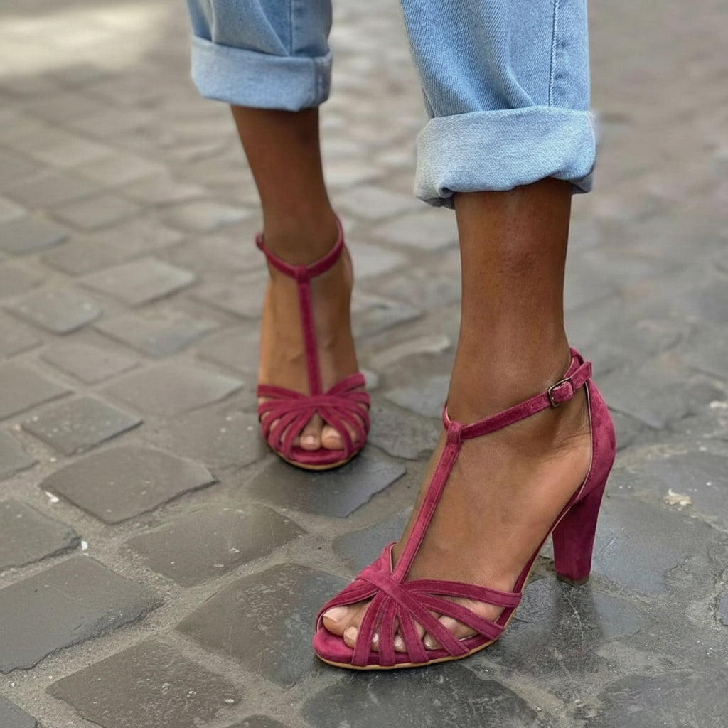 Maya – Burgundy Suede Sandals with T-Strap and Chunky Block Heel – Byron Grace