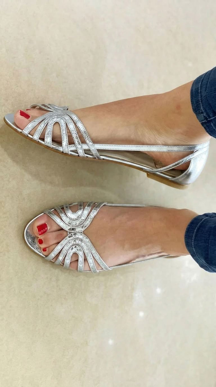 Delphine – Glossy Metallic Cut-Out Peep-Toe Sandals – Byron Grace