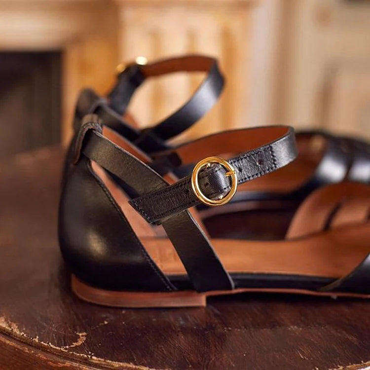 Tia – Plain Cut-Out Peep-Toe Sandals with Ankle Strap and Buckle – Byron Grace