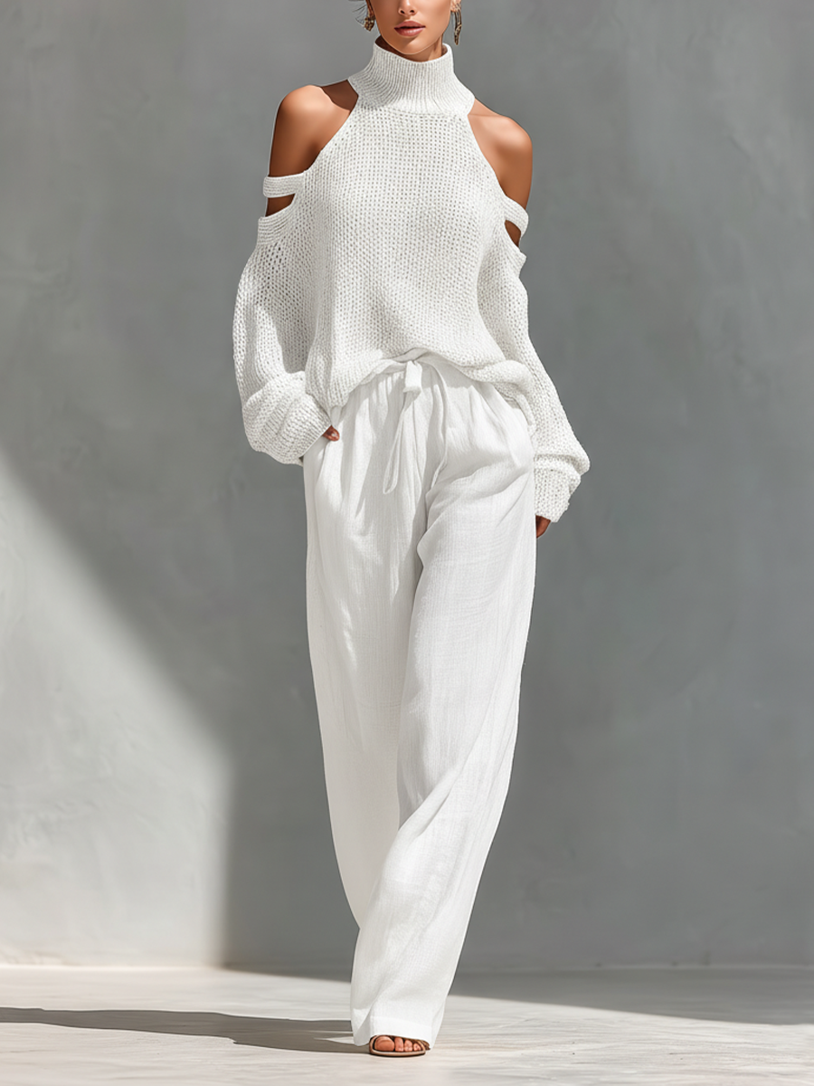 MARIA - Knit Fabric Cold-Shoulder Turtleneck Top & Wide-Leg Pants Set