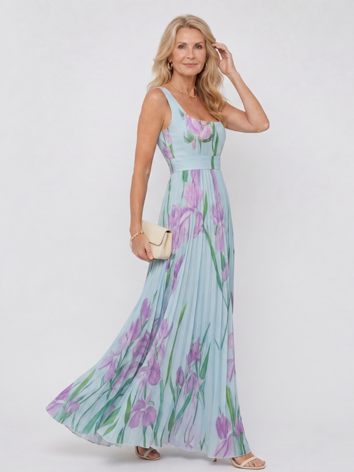 Chloe - Sleeveless Satin Midi Dress with Square Neck and Pleats