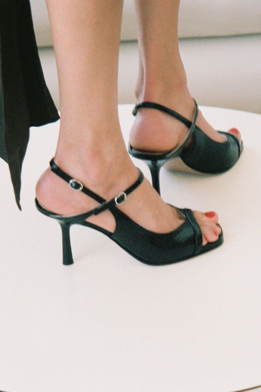 Ingrid – Black Snake-Effect Open-Toe Slingback Stiletto Heels – Byron Grace