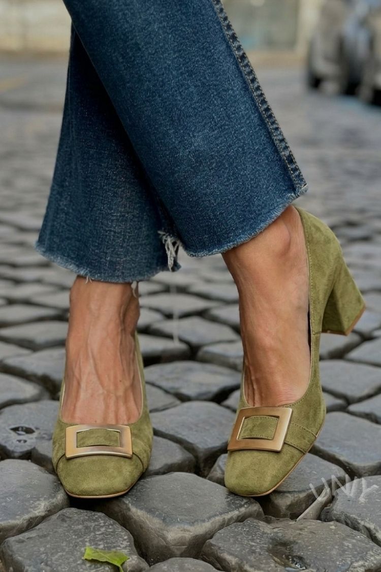 Thea – Navy Blue Patchwork Square-Toe Chunky Heels – Byron Grace