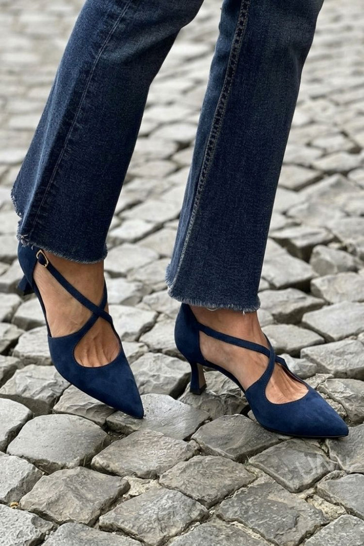 Katarina – Khaki Plain Pointed Low Heels with Buckle and Criss-Cross Straps – Byron Grace