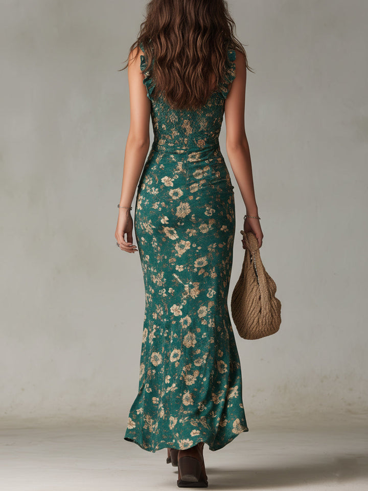 Daisy - Retro Boho Maxi Dress with Flowing Fabric, Puff Sleeves and a Slit