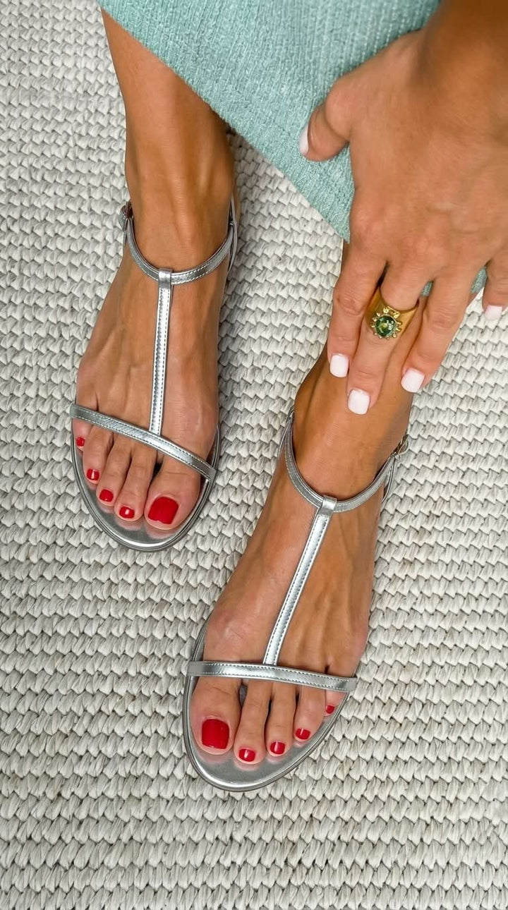 Ella – Metallic Flat Summer Sandals with T-Strap – Byron Grace