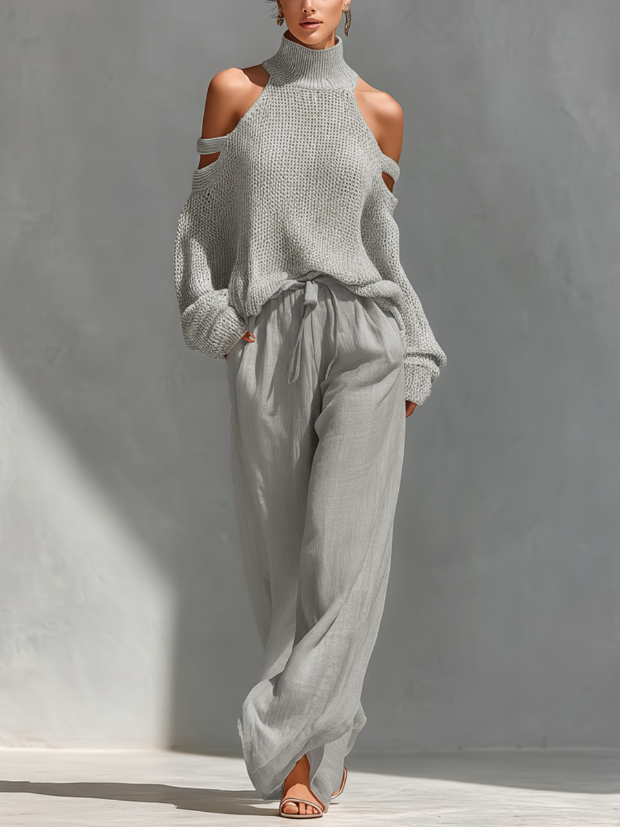 MARIA - Knit Fabric Cold-Shoulder Turtleneck Top & Wide-Leg Pants Set