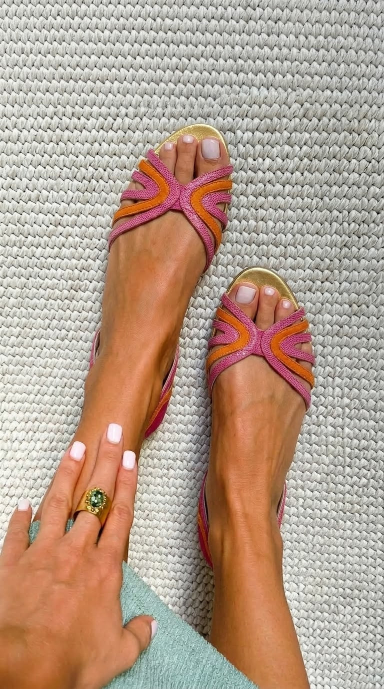 Alessia – Orange and Pink Flat Peep-Toe Strappy Sandals – Byron Grace
