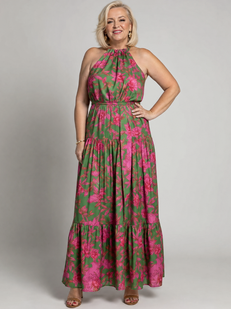 Ava - Pink Draped Midi Dress with Halter Neckline