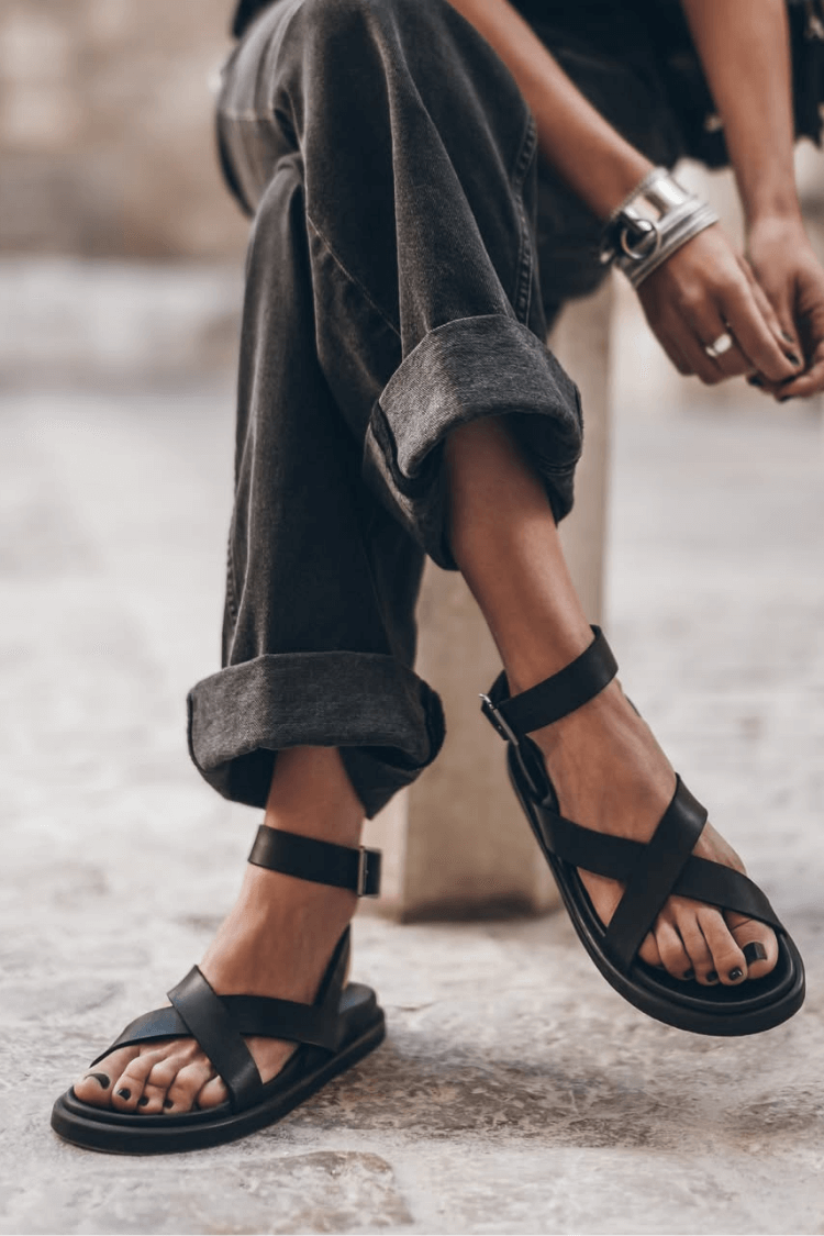 Cassia – Matte Faux-Leather Open-Toe Sandals with Ankle Strap and Criss-Cross Straps – Byron Grace