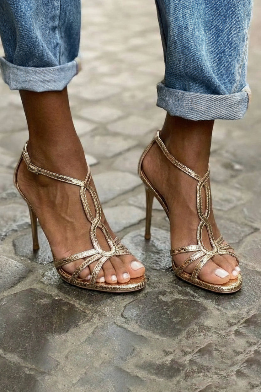 Noor – Champagne Gold High Heels with Ankle Buckle and Straps – Byron Grace