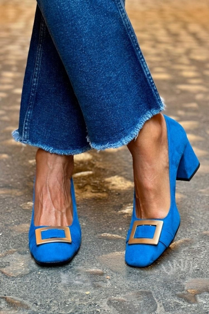 Thea – Navy Blue Patchwork Square-Toe Chunky Heels – Byron Grace