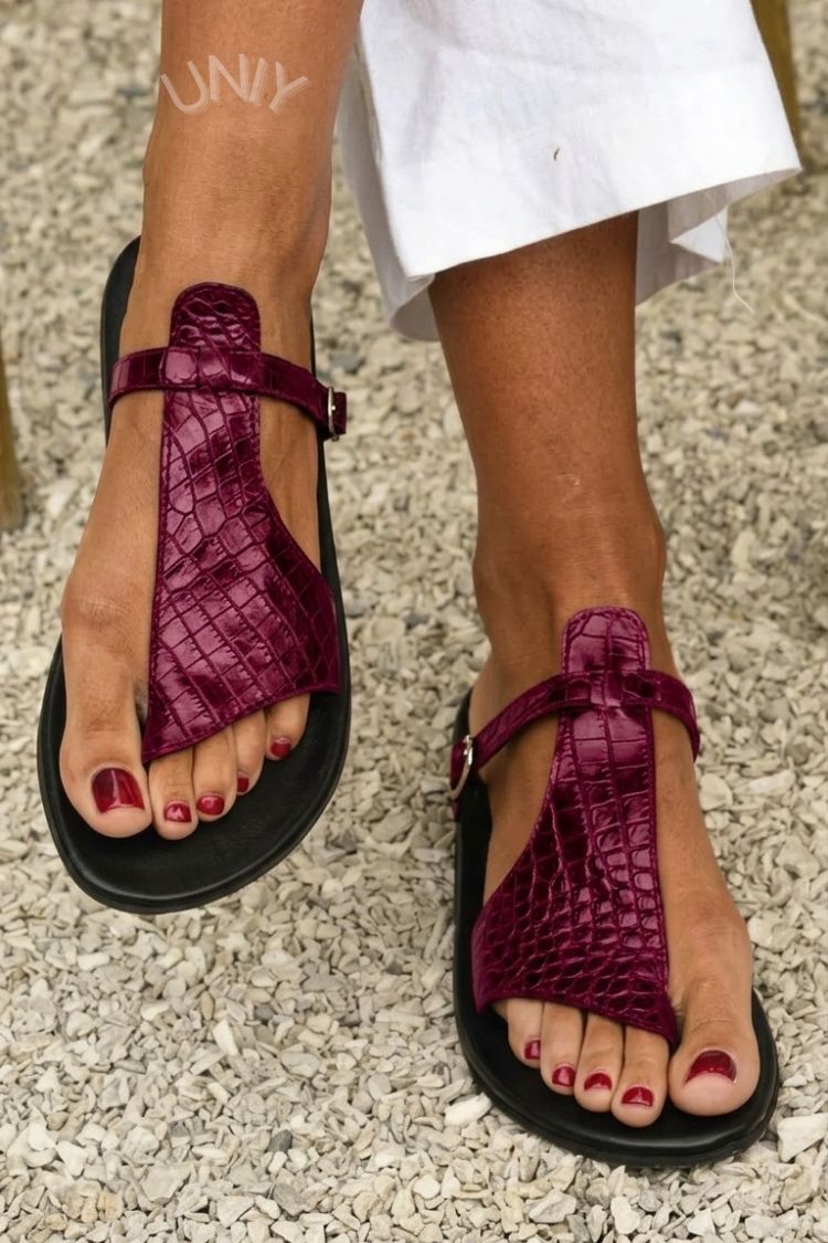 Isla – Croc-Effect Thong Sandals with Instep Strap and Buckle – Byron Grace