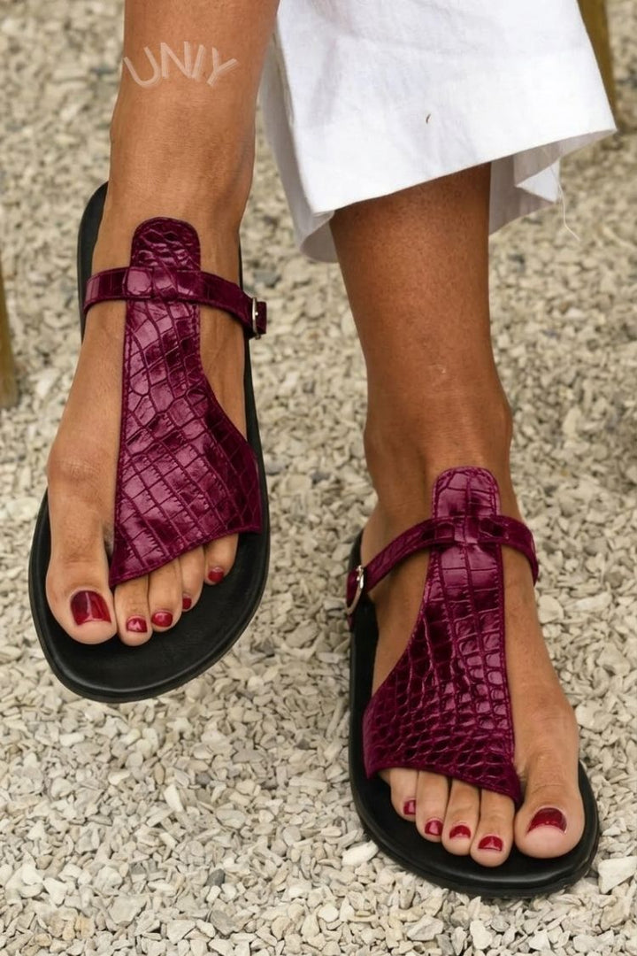 Isla – Croc-Effect Thong Sandals with Instep Strap and Buckle – Byron Grace