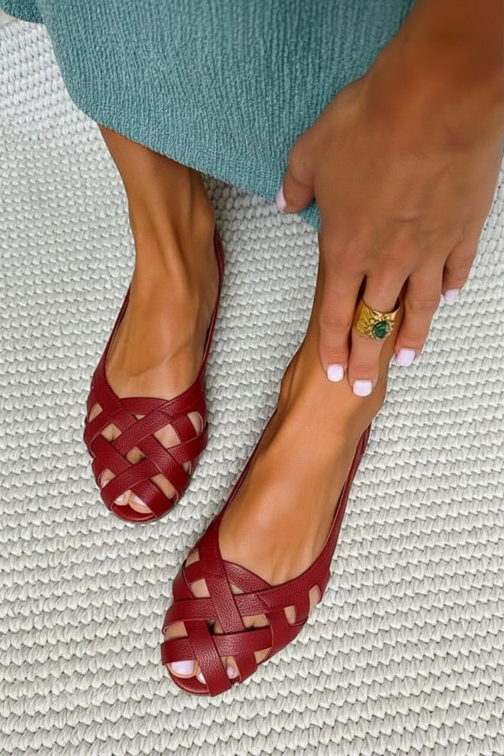 Noemie – Burgundy Comfy Woven Flat Open-Toe Sandals – Byron Grace
