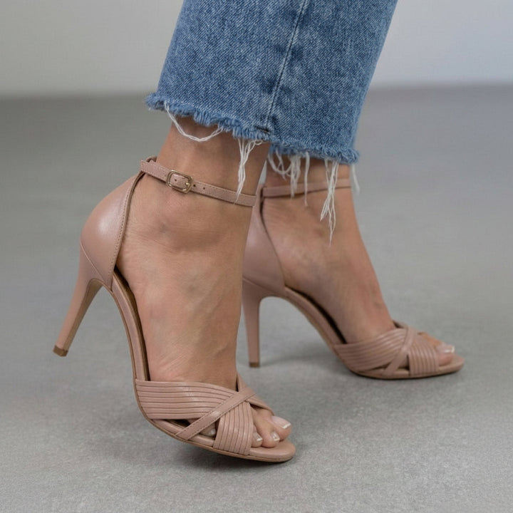 Kaia – Pink Elegant Pleated Stiletto Heels with Ankle Strap and Straps – Byron Grace