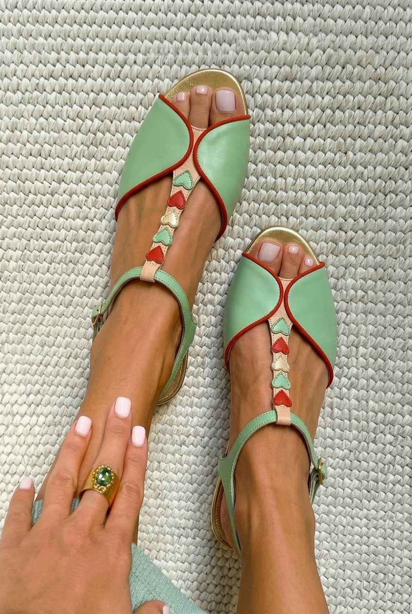 Harper – Flat Peep-Toe Slingback Sandals with Heart Detail – Byron Grace