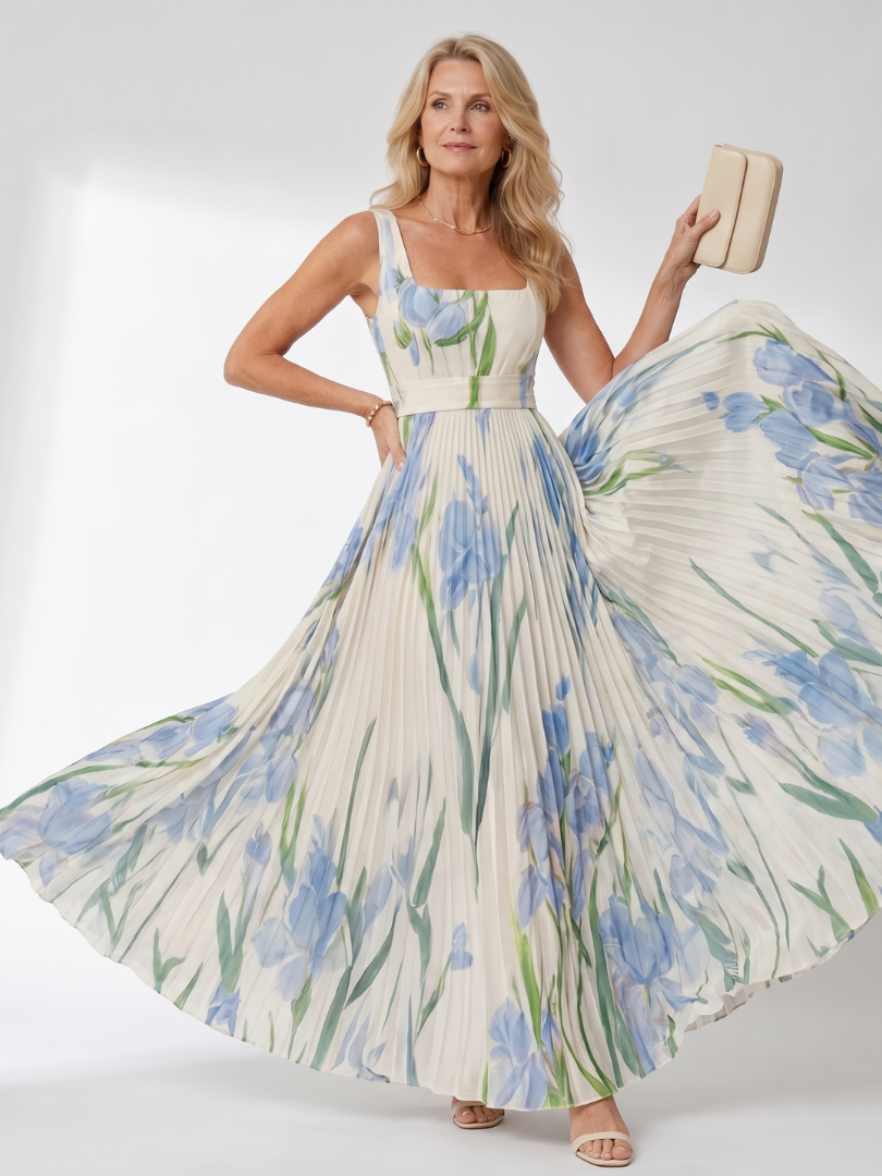 Chloe - Sleeveless Satin Midi Dress with Square Neck and Pleats