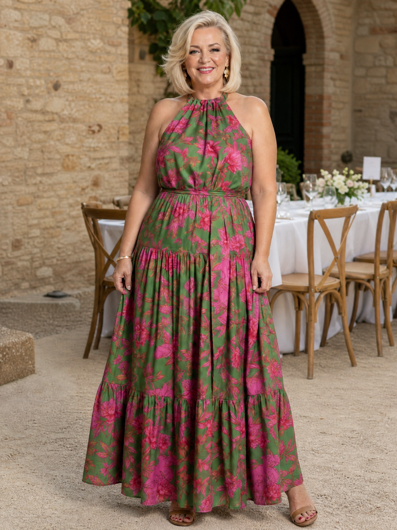 Ava - Pink Draped Midi Dress with Halter Neckline