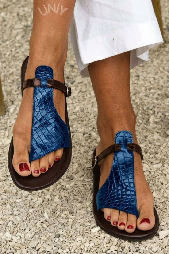 Isla – Croc-Effect Thong Sandals with Instep Strap and Buckle – Byron Grace