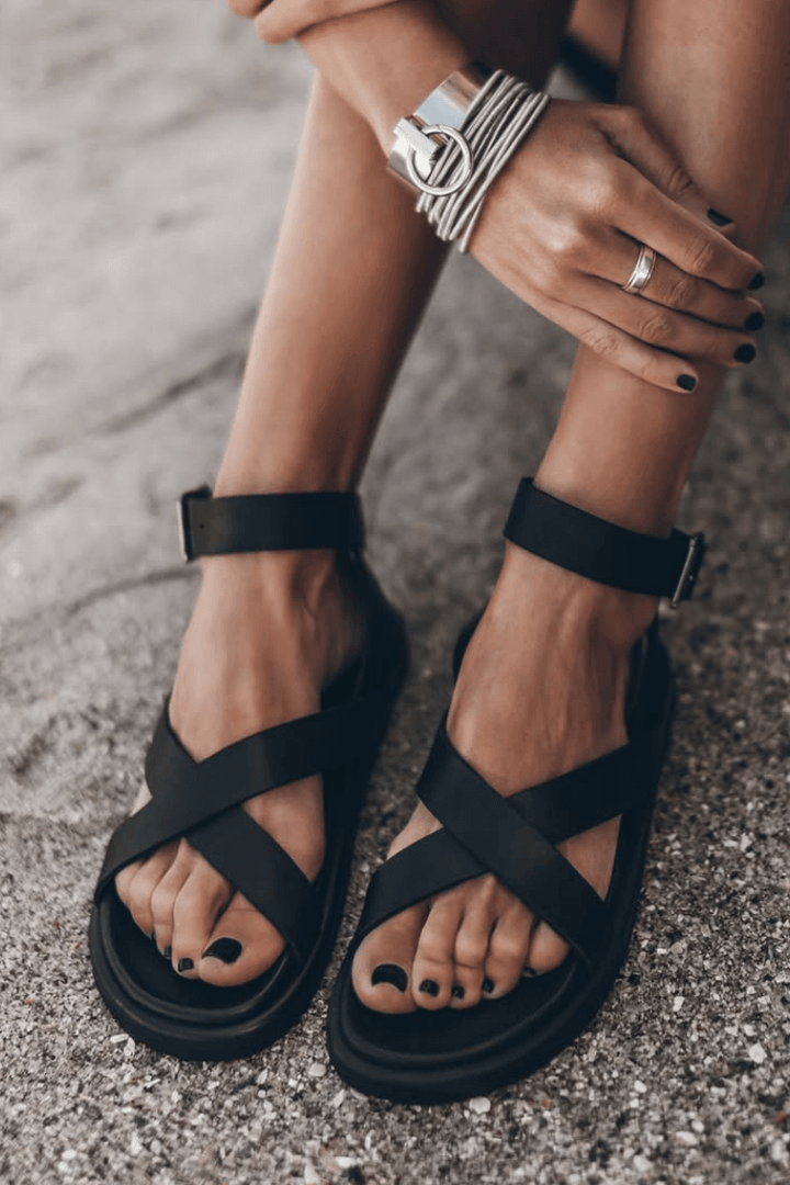 Cassia – Matte Faux-Leather Open-Toe Sandals with Ankle Strap and Criss-Cross Straps – Byron Grace