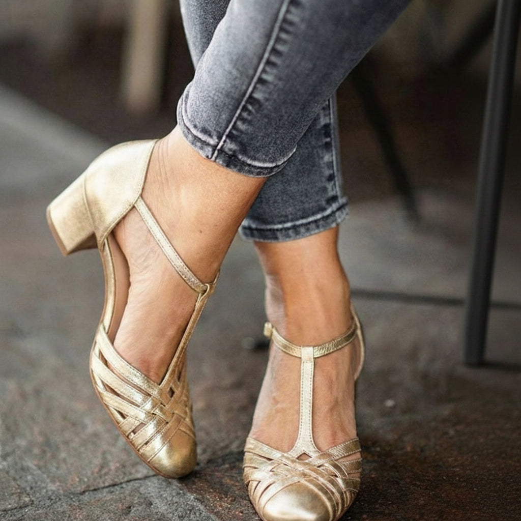 Renata – Elegant Metallic Mary Jane Pumps with T-Strap and Block Heel – Byron Grace