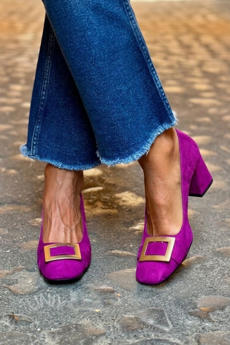 Thea – Navy Blue Patchwork Square-Toe Chunky Heels – Byron Grace