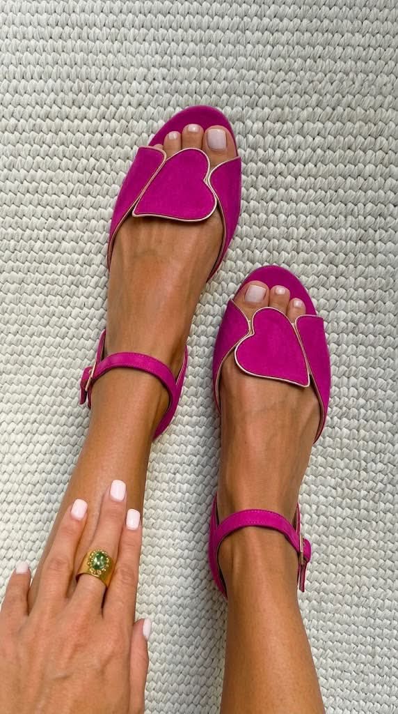 Eleanor – Pink Open-Toe Sandals with Ankle Strap and Heart Motif – Byron Grace