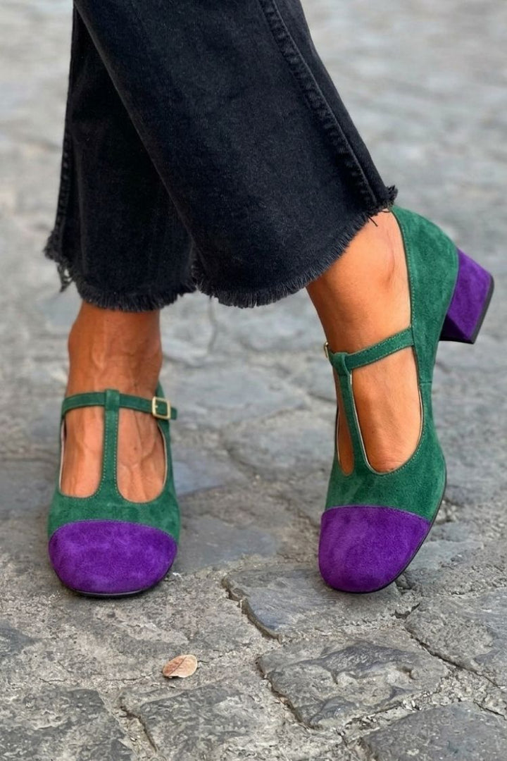 Esme – Red Patchwork Round-Toe Chunky Heels with Buckle and T-Strap – Byron Grace