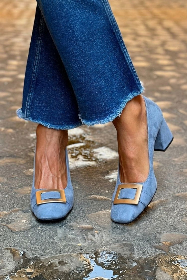 Thea – Navy Blue Patchwork Square-Toe Chunky Heels – Byron Grace