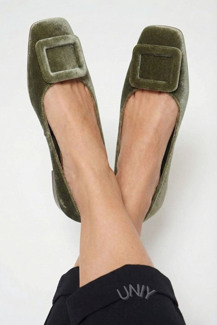 Alexandra – Velvet Square-Toe Ballet Flats with Buckle – Byron Grace