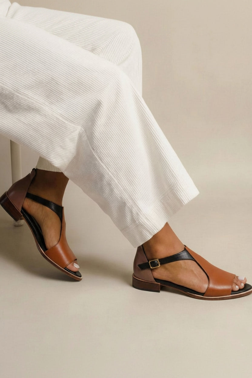 Verity – Brown PU Leather Summer Sandals with Ankle Strap – Byron Grace