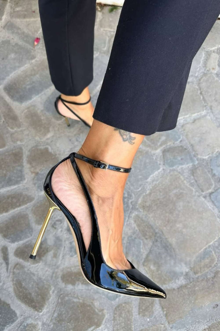 Rhea – Black Patent Stiletto Heels with Ankle Strap – Byron Grace