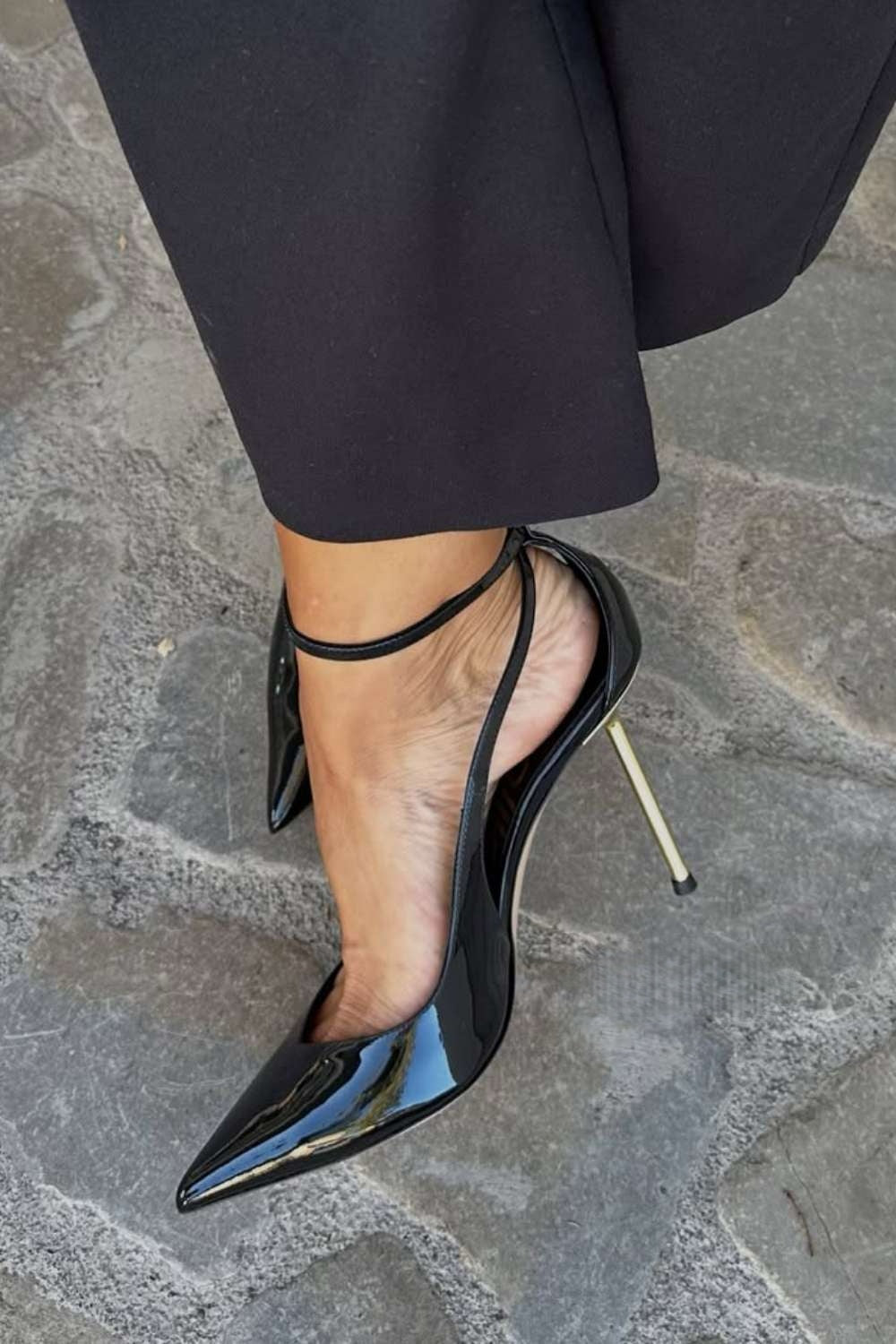 Rhea – Black Patent Stiletto Heels with Ankle Strap – Byron Grace