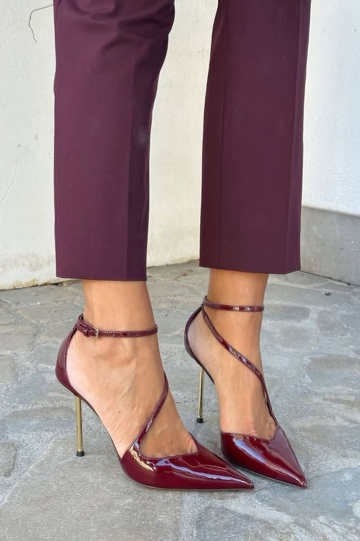 Rhea – Black Patent Stiletto Heels with Ankle Strap – Byron Grace
