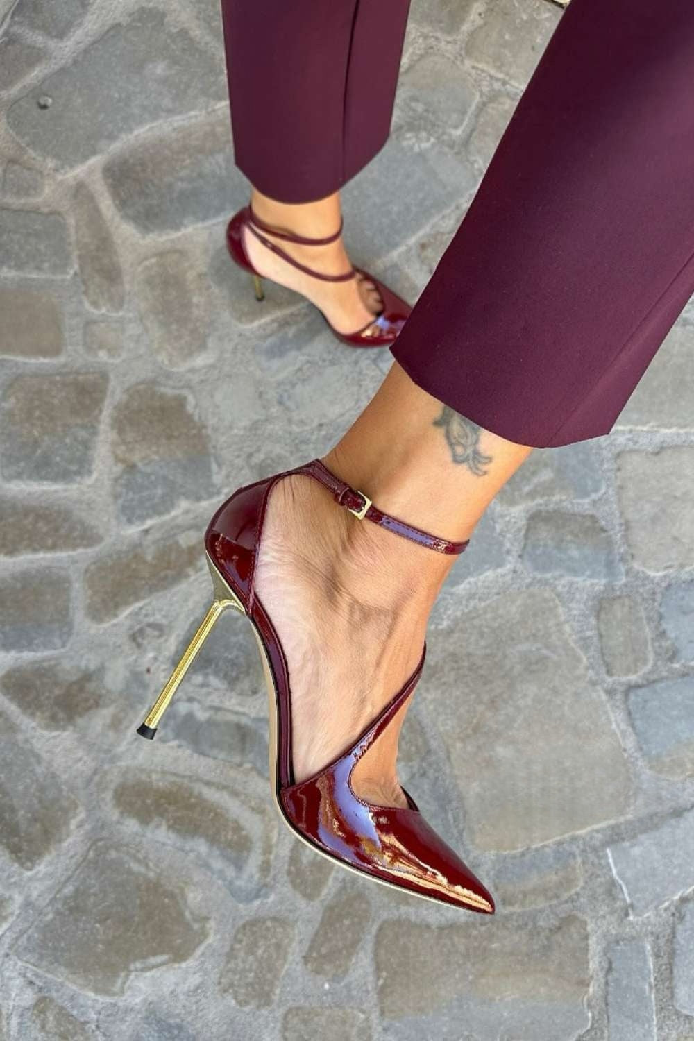 Rhea – Black Patent Stiletto Heels with Ankle Strap – Byron Grace