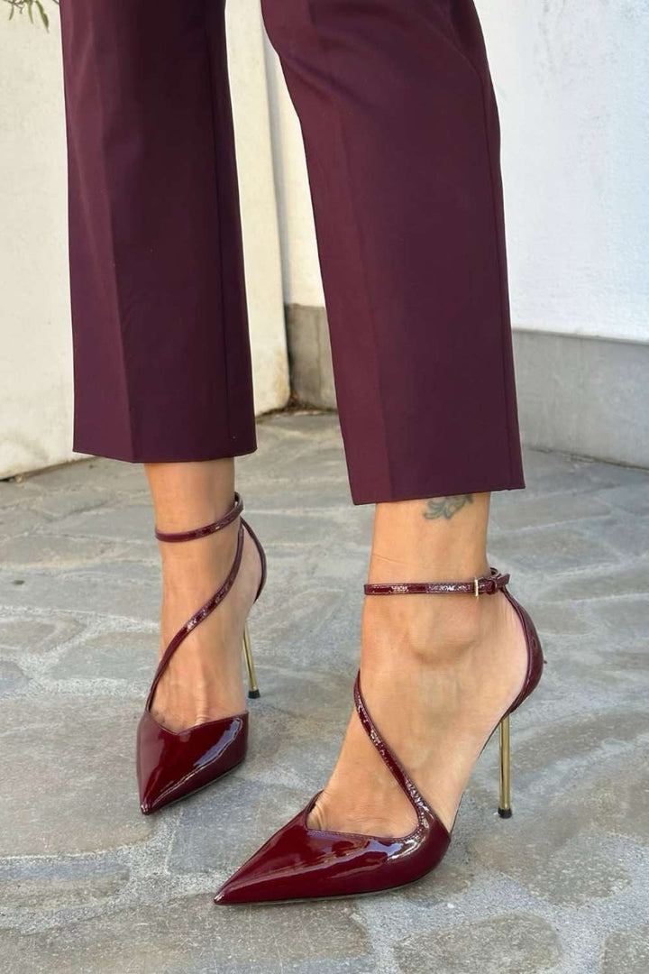 Rhea – Black Patent Stiletto Heels with Ankle Strap – Byron Grace