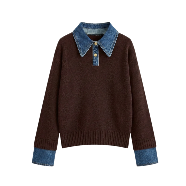 SOLVEI™ – Cozy Polo Denim Sleeve 2 in 1 Panel Lapel Sweater