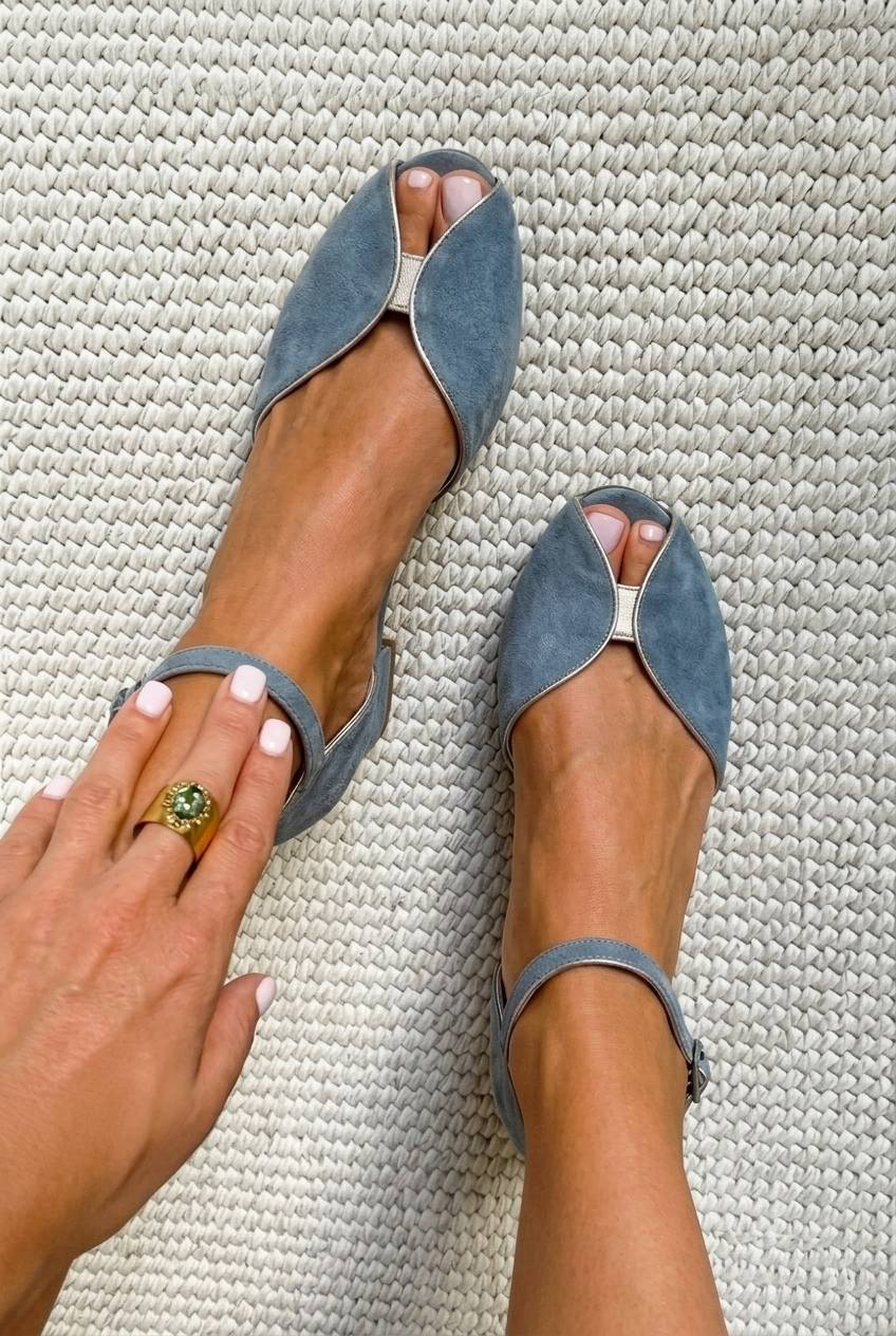 Honor – Blue Chic Suede Peep-Toe Ballet Flats with Metallic Trim – Byron Grace