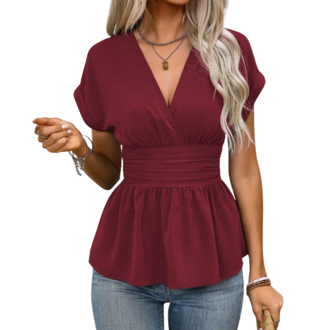 WREN™ – V-Neck Ruched Pleated Blouse